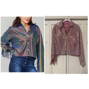 GeeGee Oversized Multicolor Pink Glitter Fringe Trim Shirt Jacket Small Western